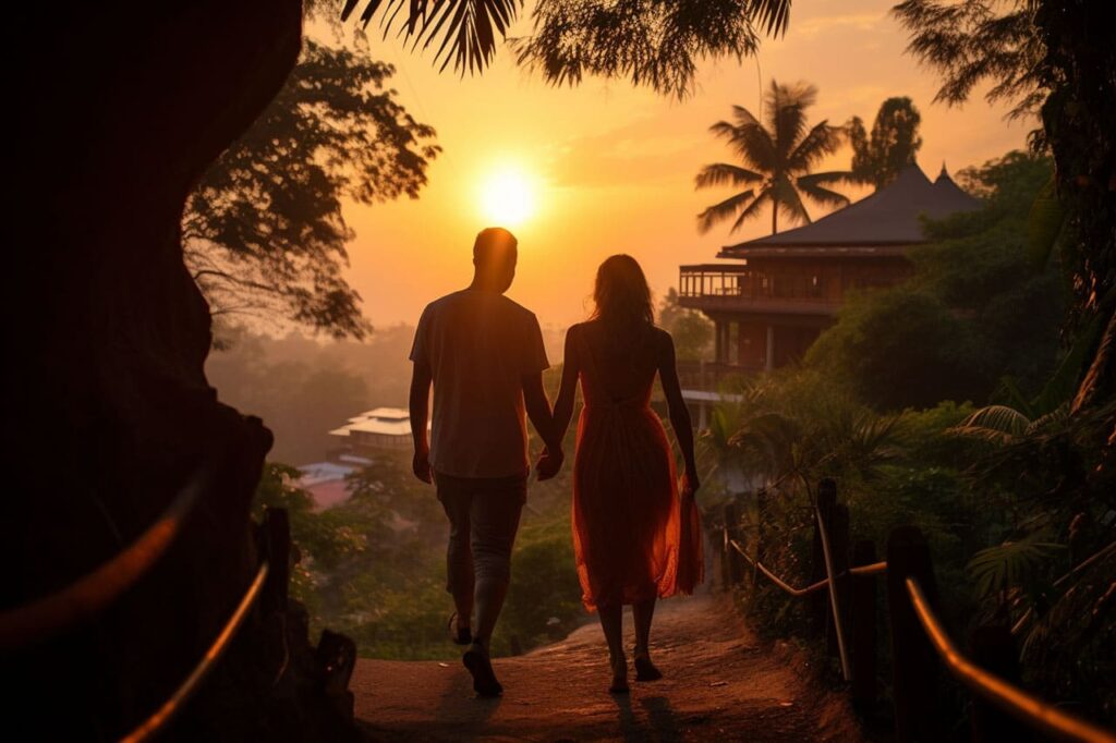 Couple holding hands at sunset in Thailand