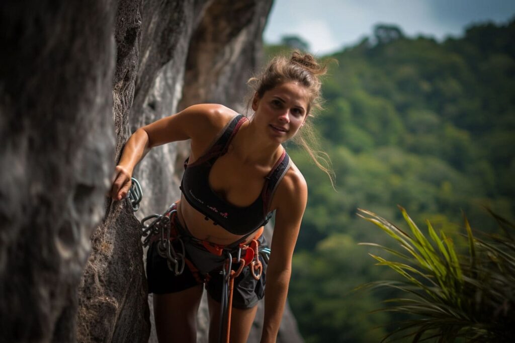 woman climbing limestone cliffs in Krabi